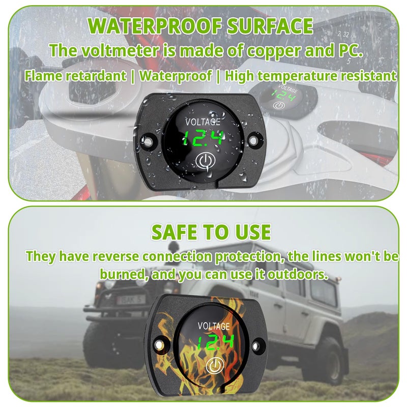 EPLZON 2 Pack DC 12V 24V Volt Meter Battery Voltage Gauge Digital Gauge Waterproof Voltmeter with Touch Switch and Mounting Plate Round for Boat Marine Motorcycle Truck(Green Light) - Image 5